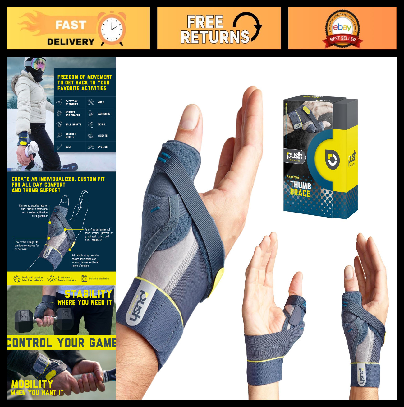 Thumb Brace for Skier’s Thumb – Stabilizes & Supports Right Hand, Medium Size