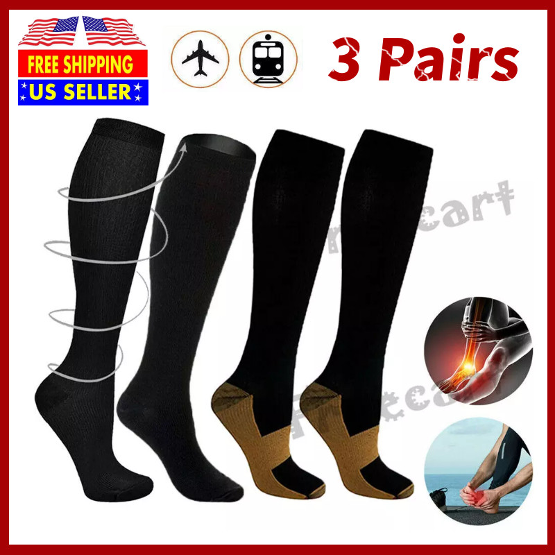 3 Pairs Compression Socks Copper Fit Knee High 20-30mmHg Energy Support Recover