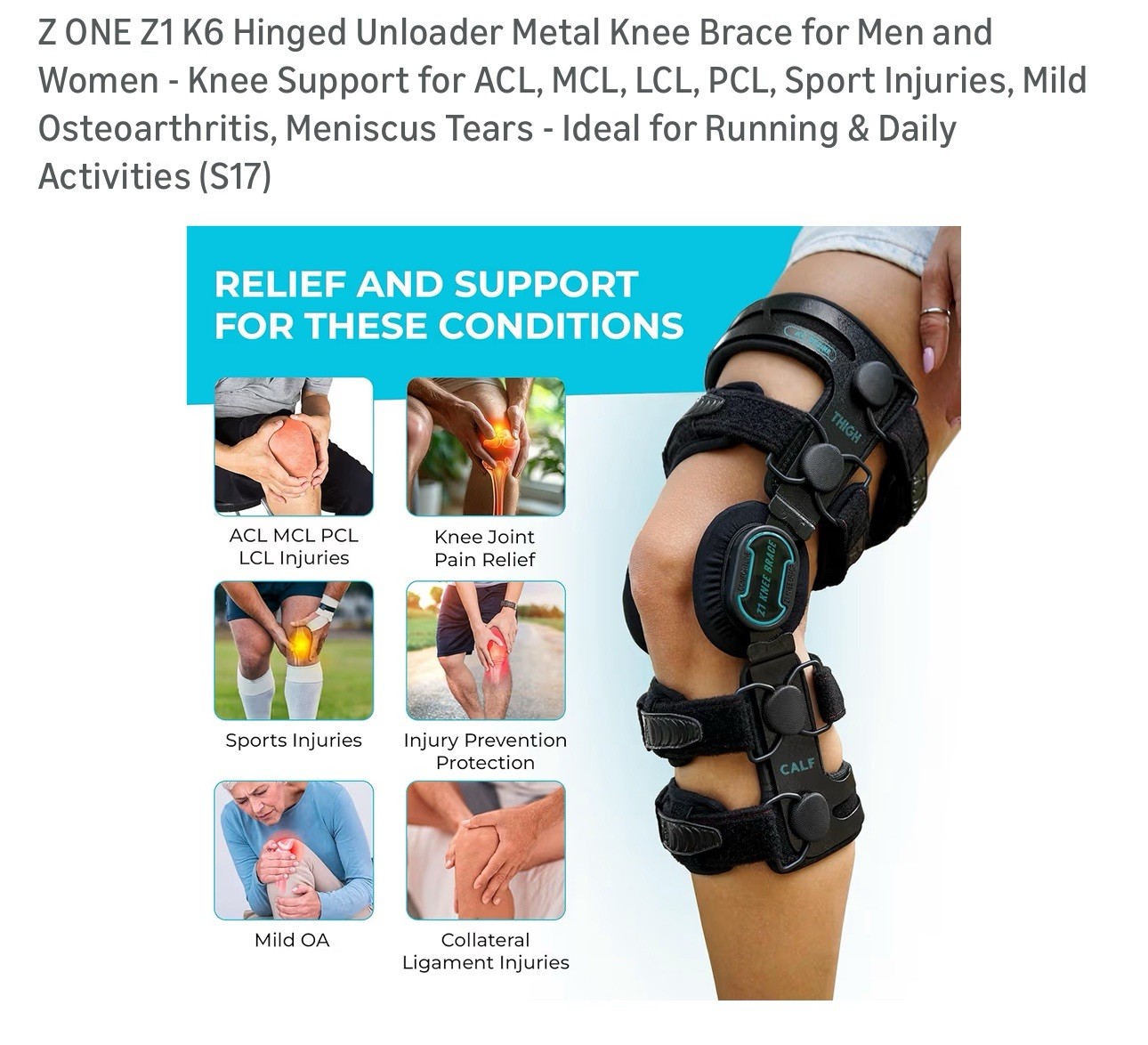 Z ONE Z1 K6 Hinged Unloader Knee Brace ACL MCL Support S17