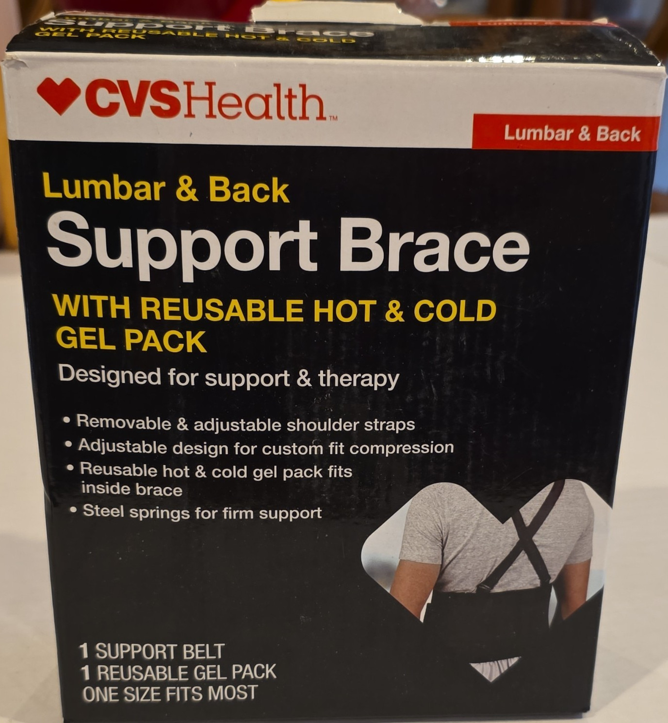 CVS Health Lumbar & Back Support Brace, Reusable Gel Pack, Adjustable, One Size