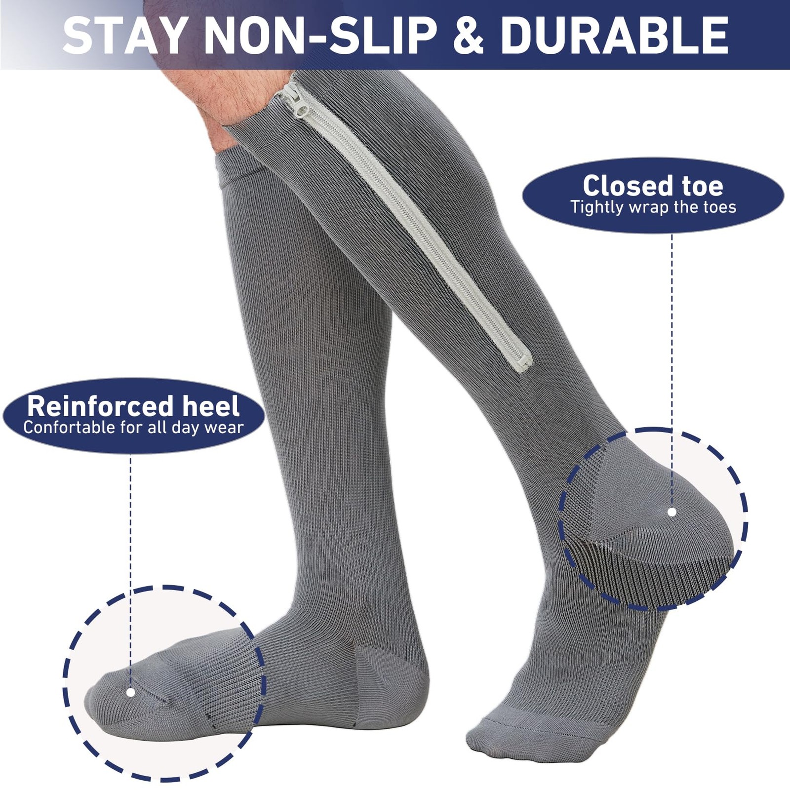 4 Pairs Zipper Compression Socks for Women & Men Large-X Large, Classic Color
