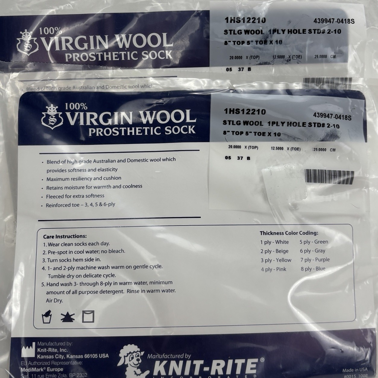 2 NEW – Knit-Rite 100% Virgin Wool Prosthetic Sock 1 Ply 8″ Top 5” Toe x 10 USA