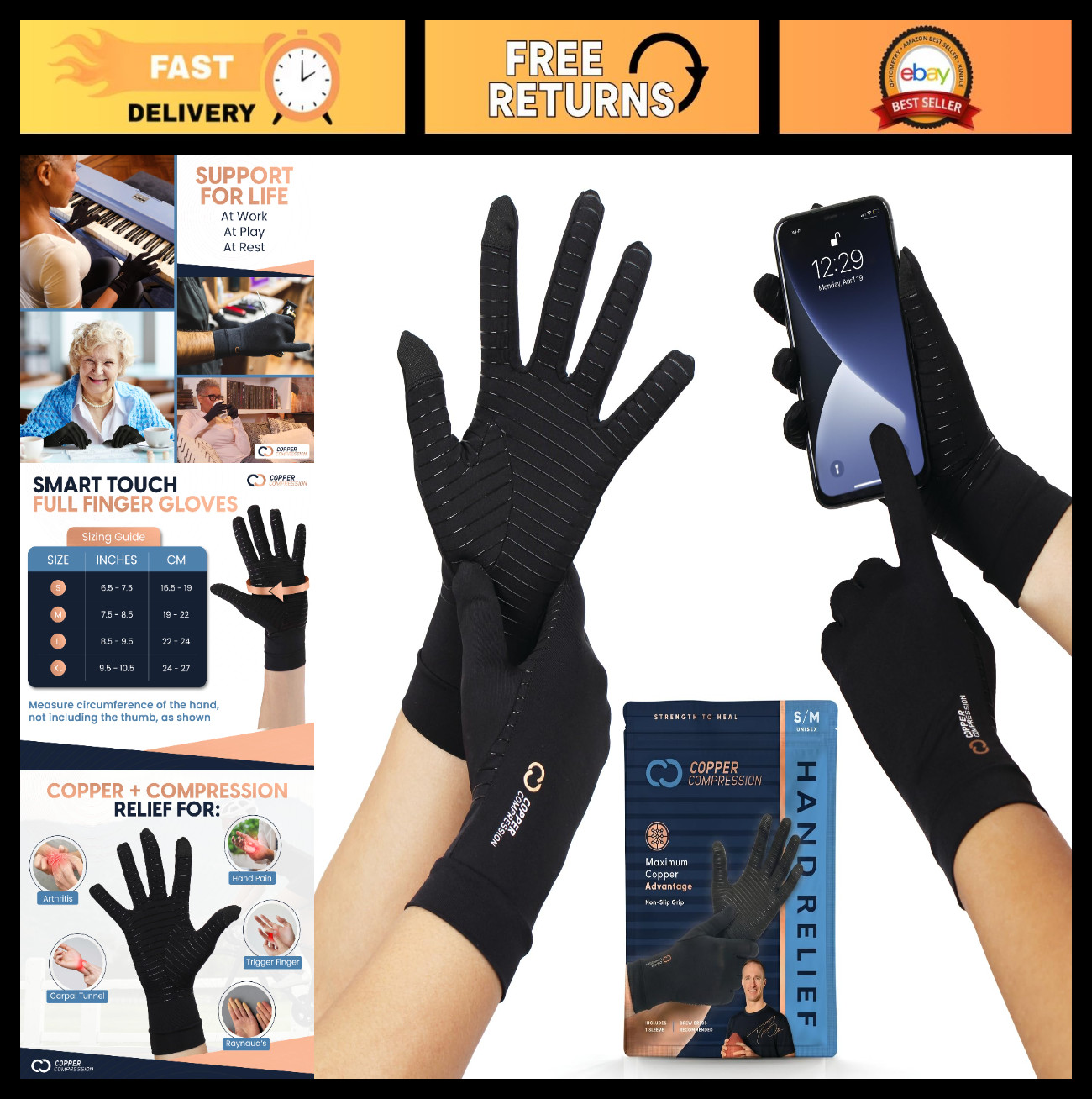 Full Finger Compression Arthritis Gloves – Touch Screen – Pain Relief for Carpal
