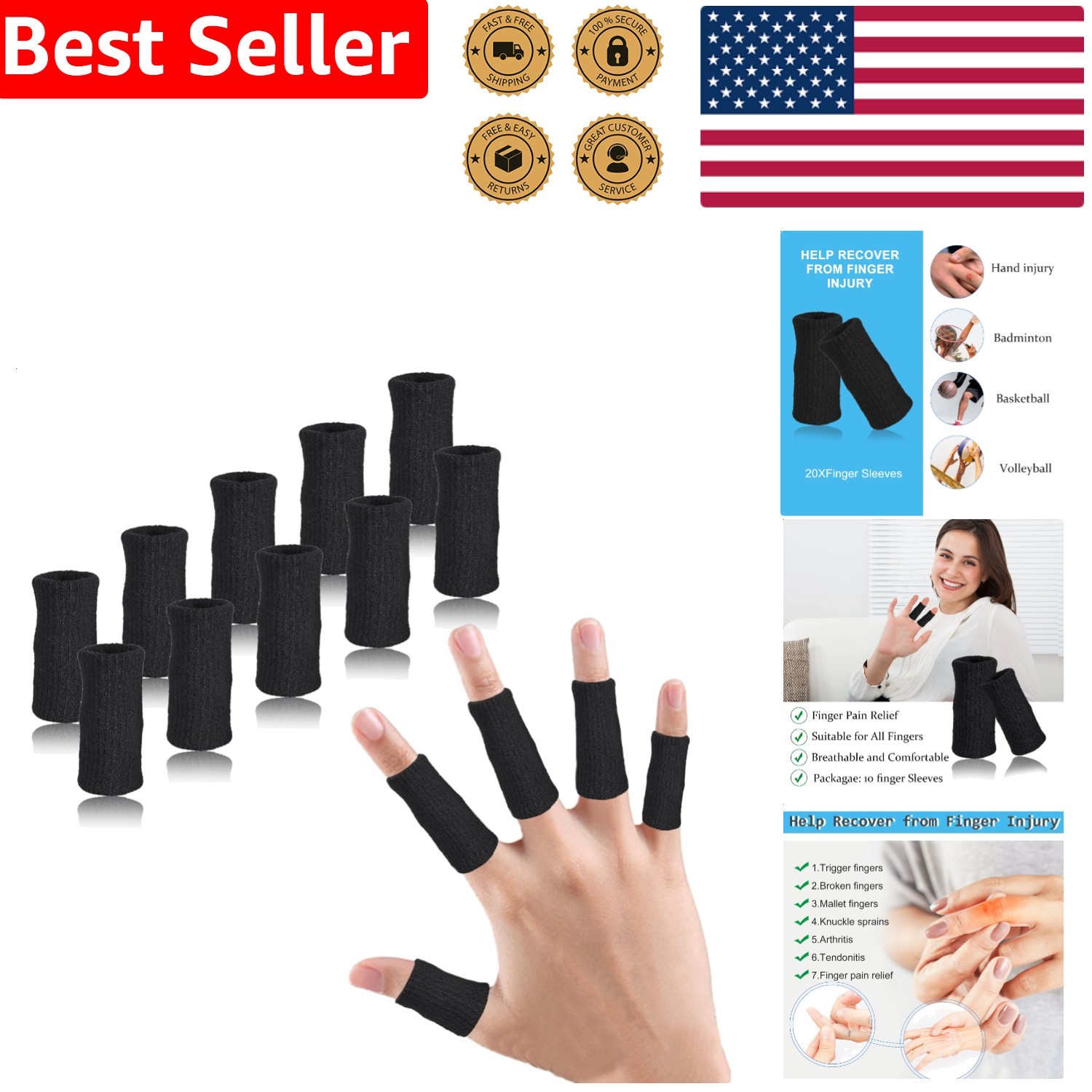 Finger Protectors 10 Pack Black Lightweight Guard for Swelling & Sport Injuries