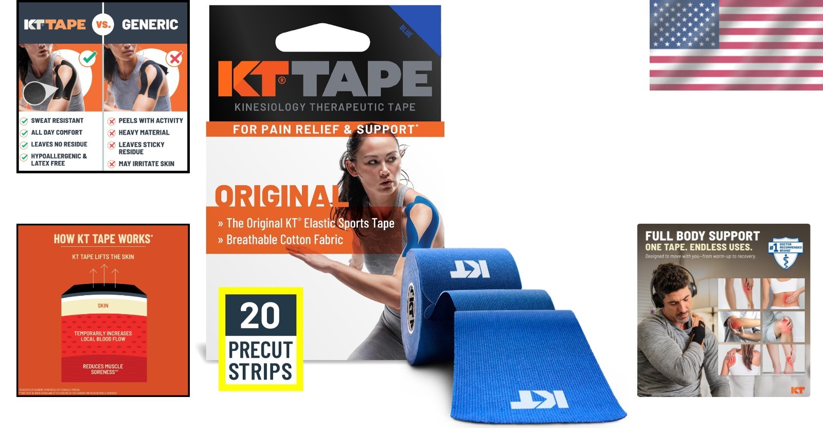 Kinesiology Athletic Tape – 20 Count Precut 10” Cotton Strips, Blue