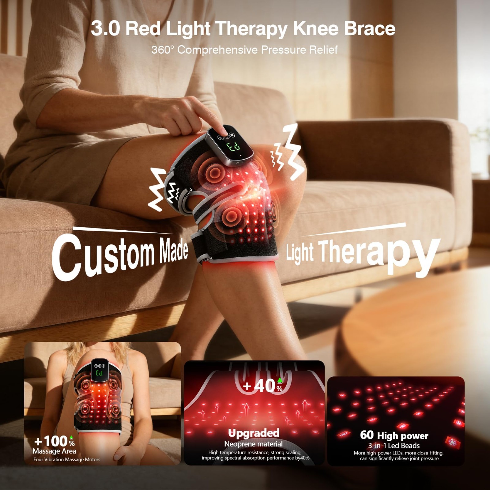 3-in-1 Red Light Therapy Knee Brace, 240 LEDs, Infrared Heat & Vibration Massage