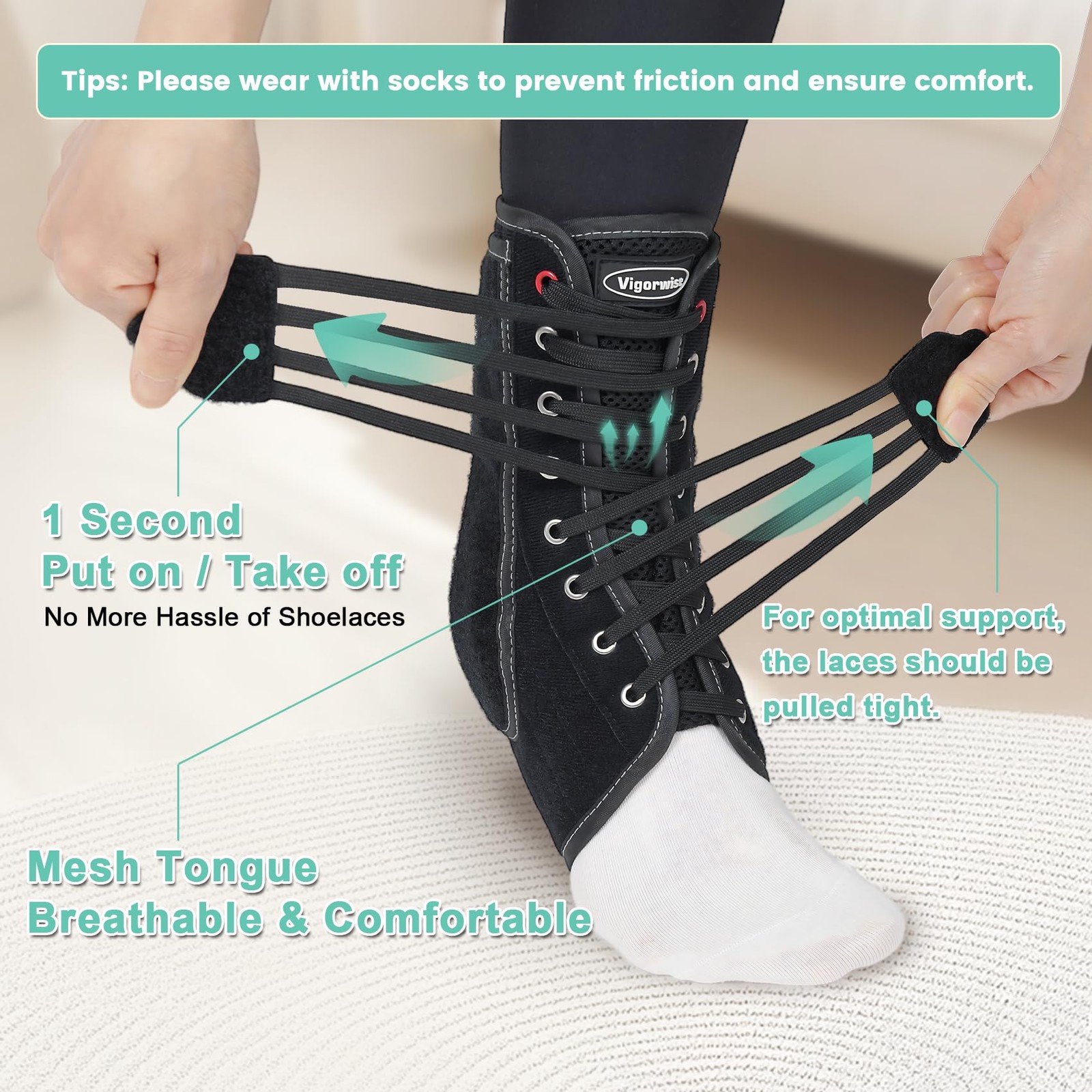 Vigorwise Quick Ankle Brace with Metal and Plastic Side Large, Black