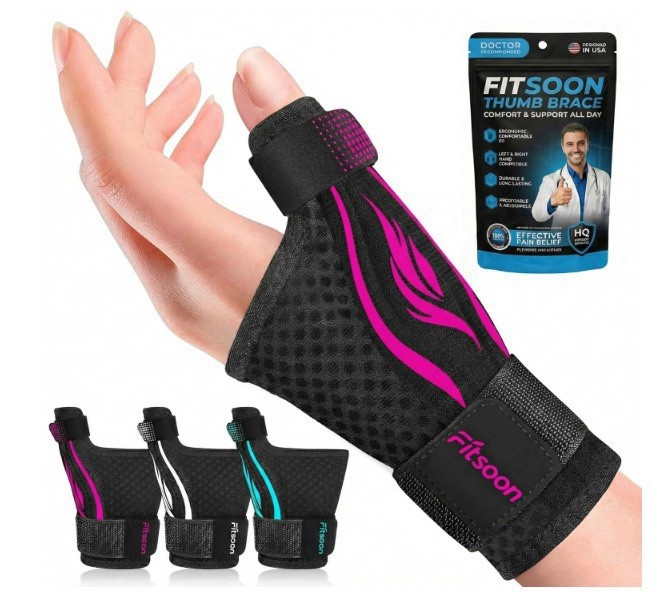 Fitsoon Adjustable Thumb Brace Black Pink Support Pain Relief Hand Wrist
