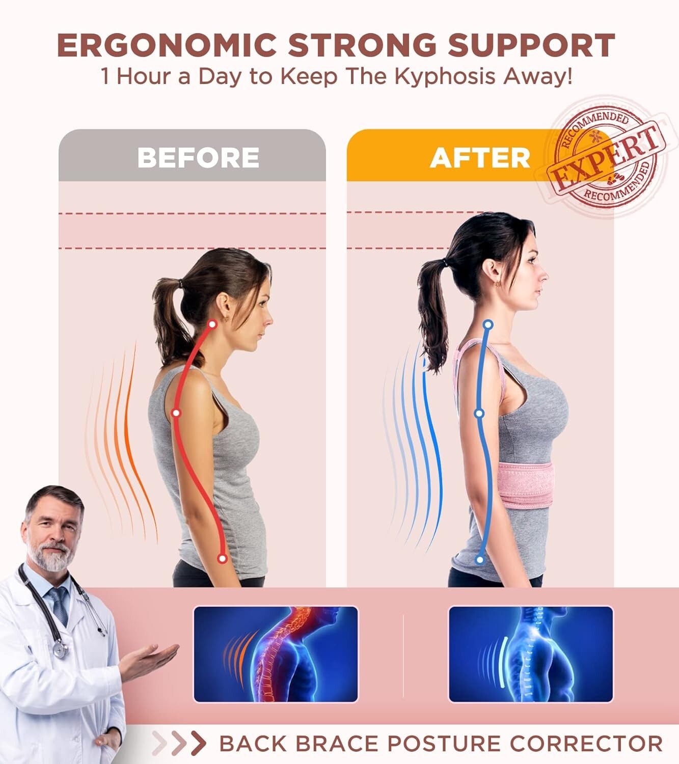 NEW ~ FILLOVE Posture Corrector Magnetic Therapy Back Support Adjustable ~ L/XL