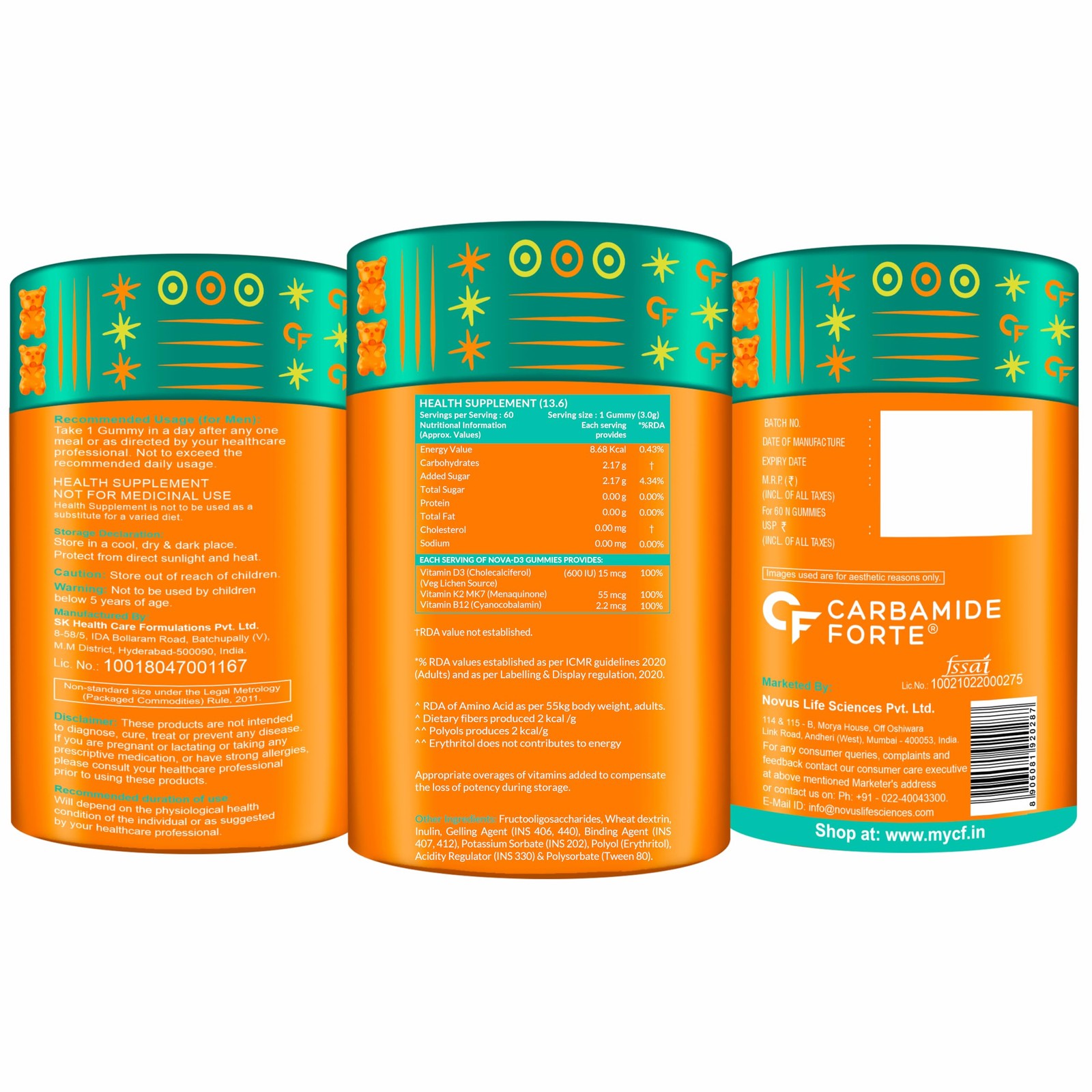Carbamide Forte Vitamin D3 K2 MK7 B12 Gummies – Mango Flavour