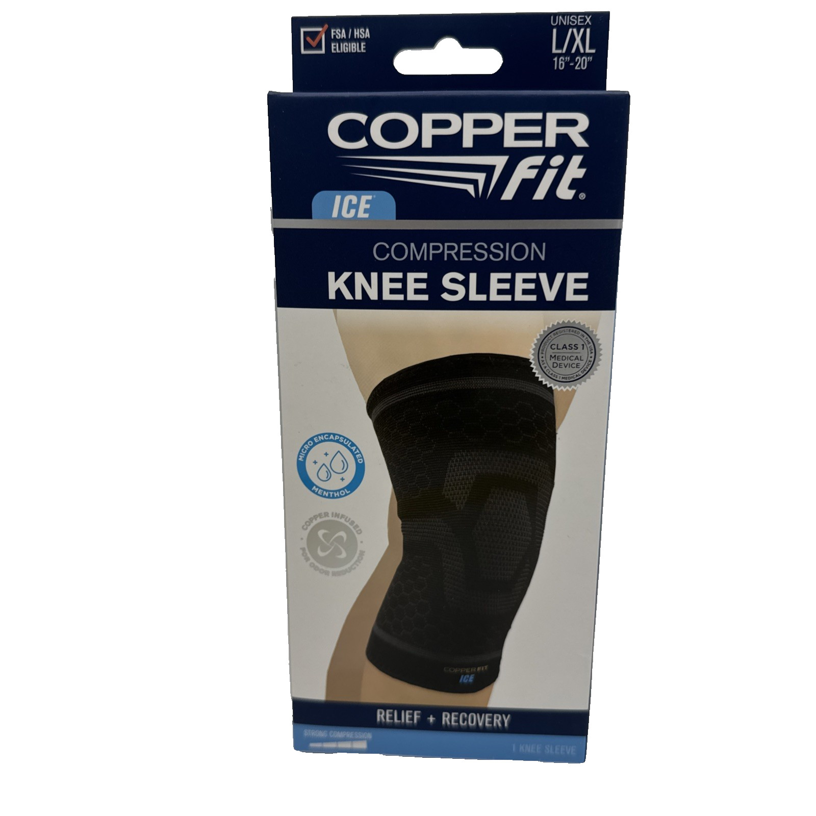 Copper Fit Ice Compression Knee Sleeve Menthol Infused Men & Women L/XL 16″-20″