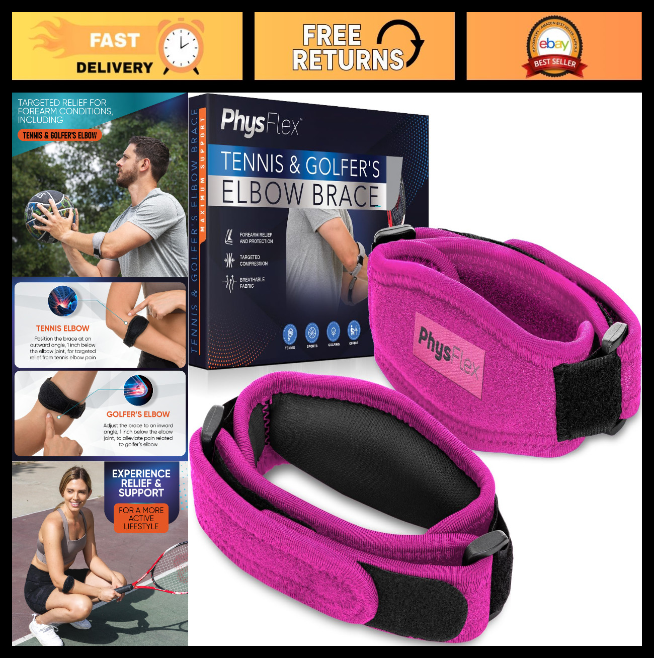 Adjustable Elbow Brace 2-Pack for Men & Women – Tennis/Golfer’s Support Strap, P