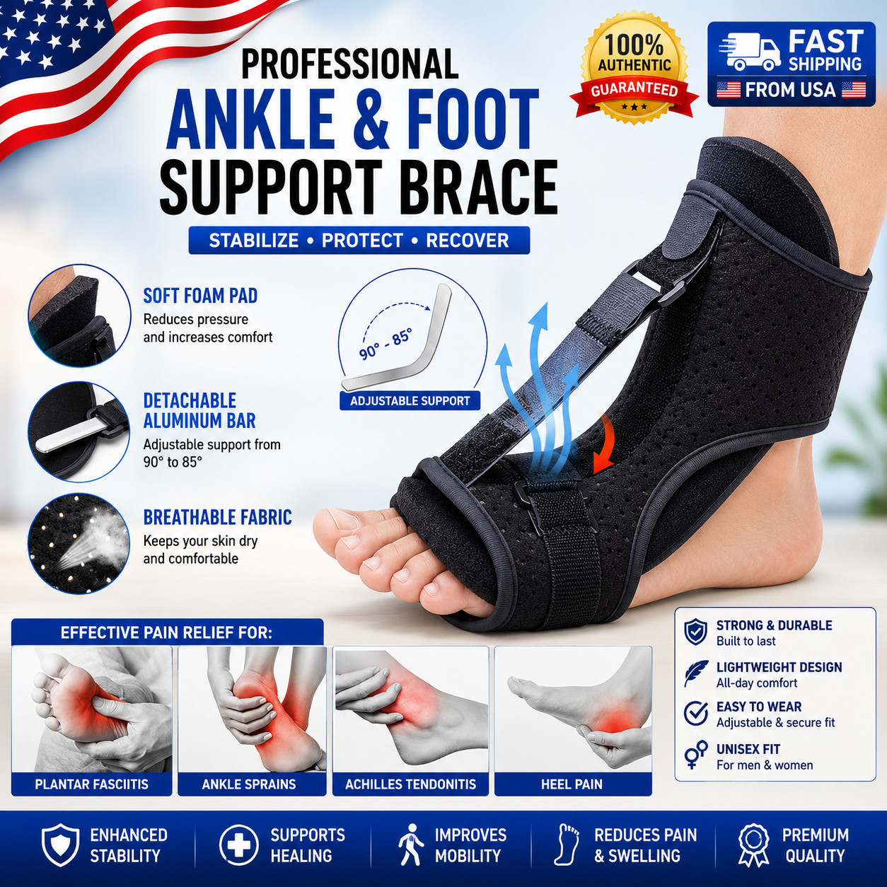 Plantar Fasciitis Night Splint Adjustable Foot Drop Ankle Brace Support Toe Pain