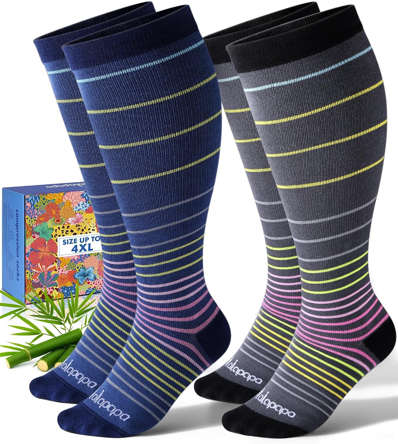 Wide Calf Bamboo Women’s Compression Socks XXL Stripe Arch Support
