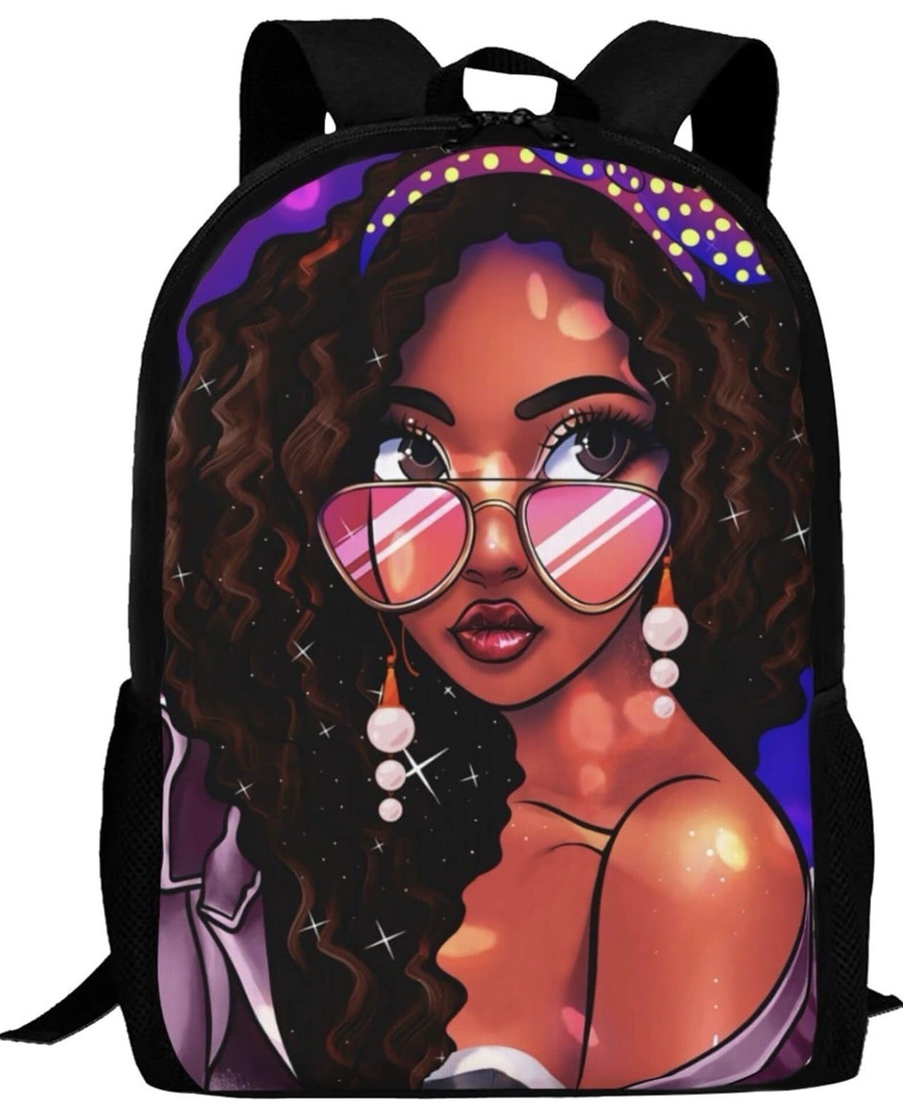 Black Girl Curly Hair Backpack Pink Sunglasses School Laptop Book Bag