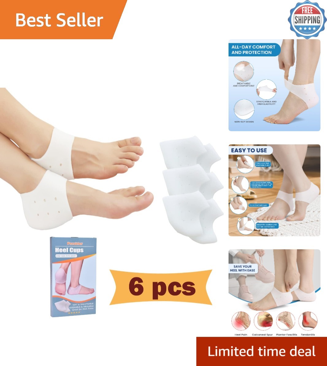 Comfortable Gel Heel Protectors for Men & Women – 3 Pairs for Plantar Fasciitis