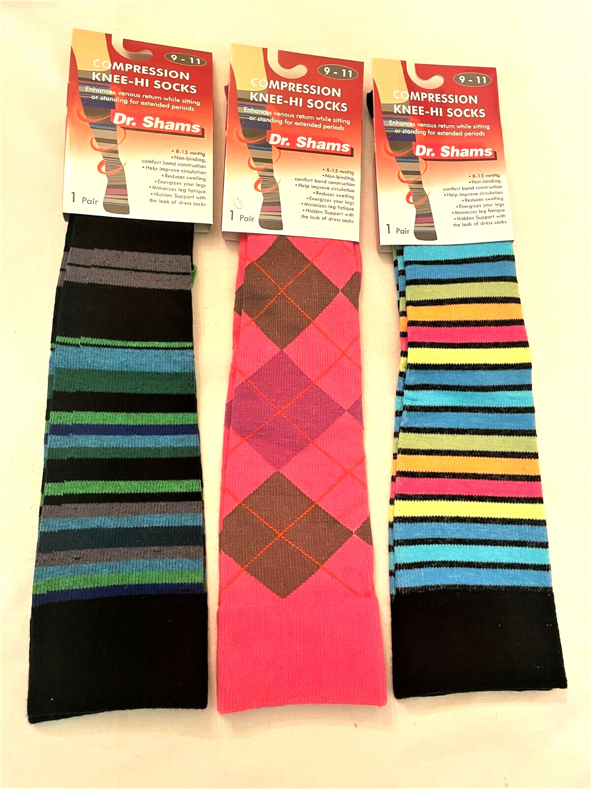 Compression Socks Size 9-11 Knee High Socks 3 Pair Dr. Shams Moderate 8-15 mm Hg