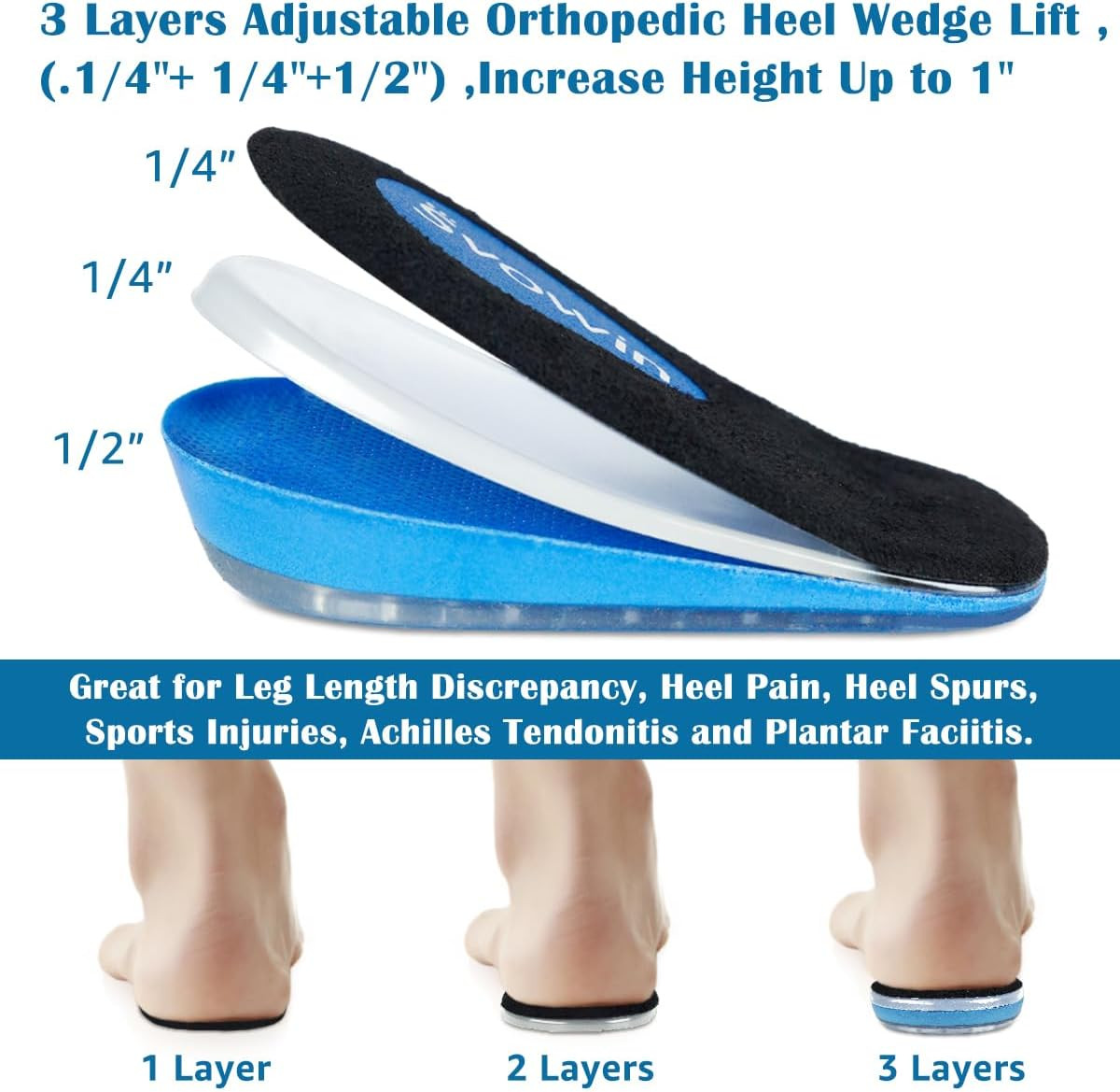 3 Layers Adjustable Heel Wedge Lift for Leg Length Discrepancies, Height