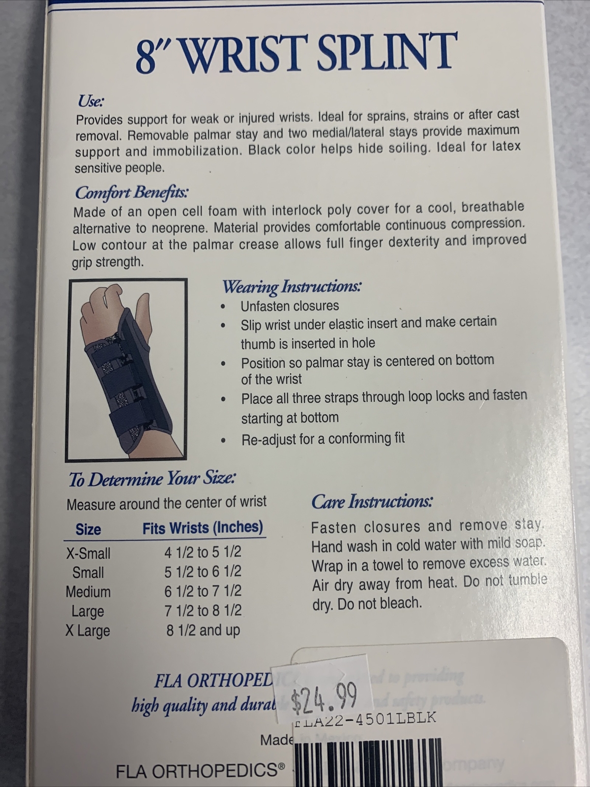 FLA Pro-Lite 8″ Wrist Splint Black Right Hand XL