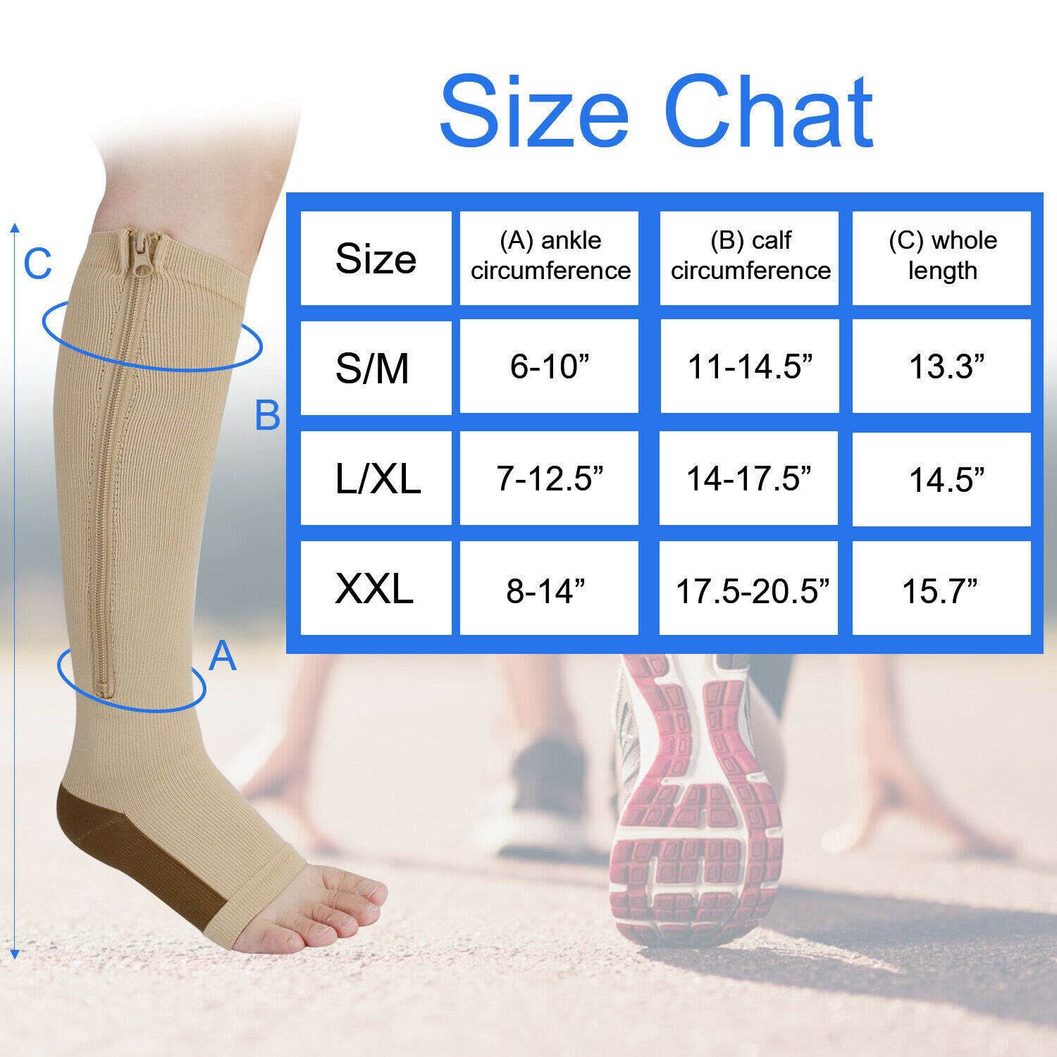 Zipper Open Toe Stockings Performance Compression Socks 20-30 mmgh Below Knee US