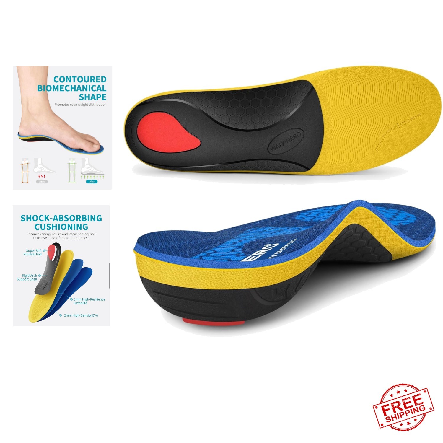 Heavy Duty Orthotic Insoles for Plantar Fasciitis & Flat Feet M 8-8.5/W10-10.5