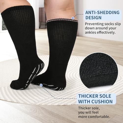Extra Width Socks for Swollen Feet-4 Pairs Hospital Grip One Size Black