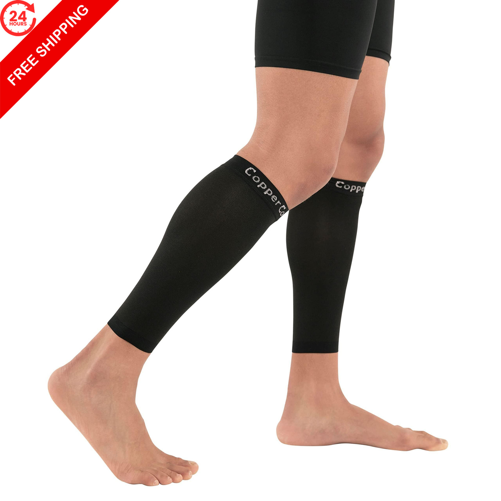 Copper Compression Calf Sleeves for Shin Splints, Large (1 Pair), Black