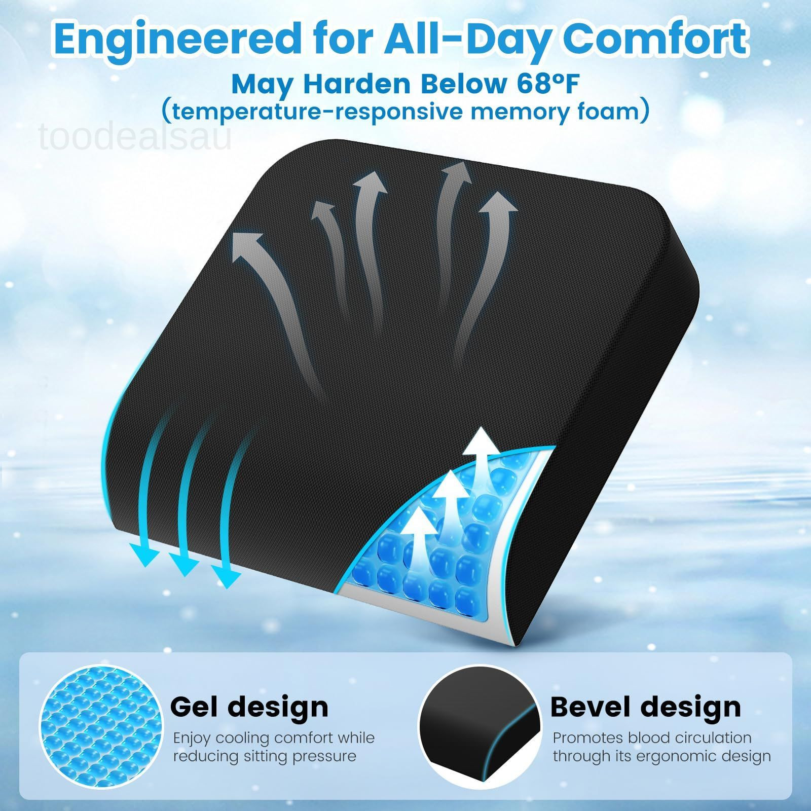 Wheelchair Seat Cushion for Pressure Relief, Cooling Gel Memory Large, Black
