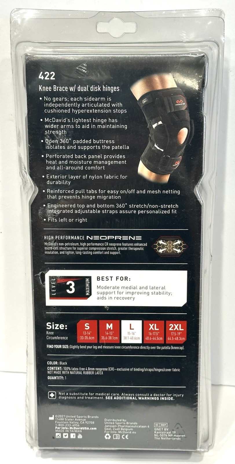 McDavid 422 Hinged Knee Brace w/ Hinges for Men & Women, Level 3, Black, (LARGE)