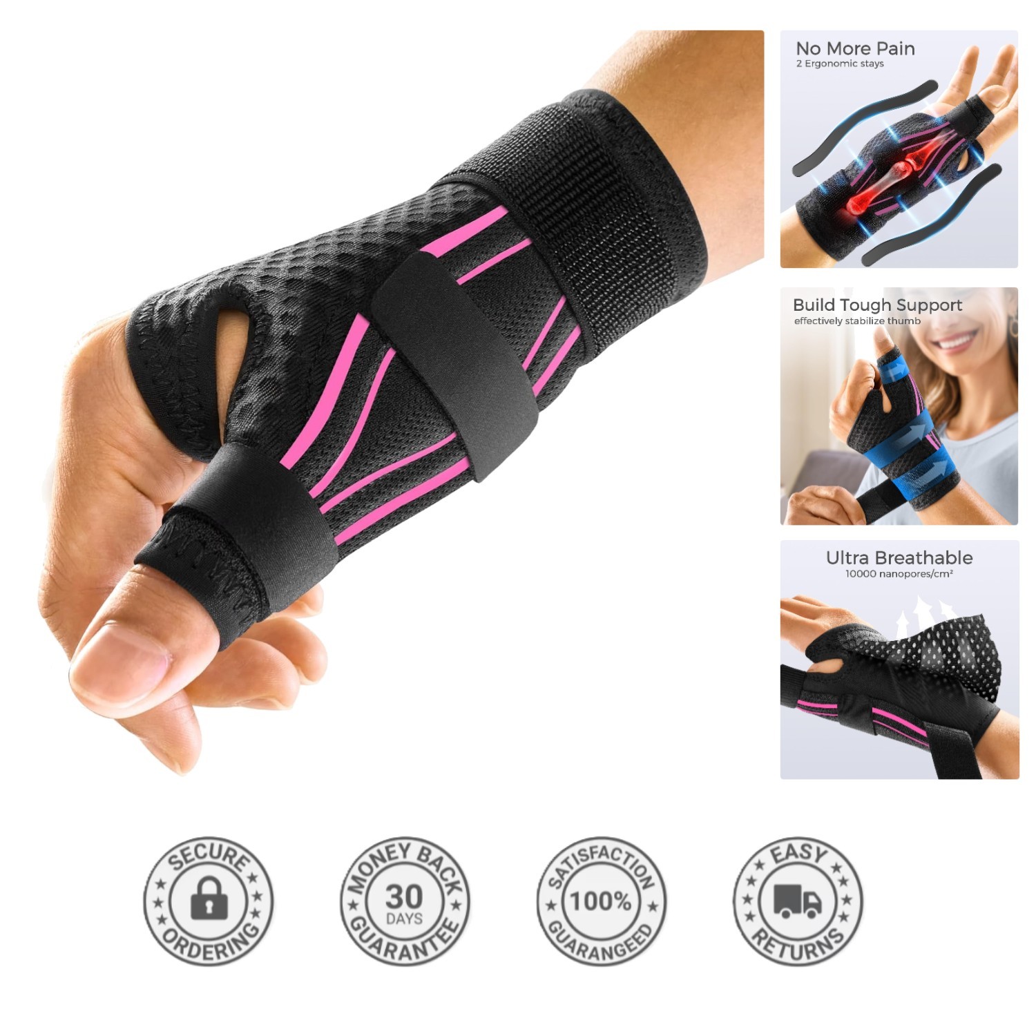 Ergonomic Thumb Brace for Arthritis & Tendonitis – Adjustable Comfort in Pink