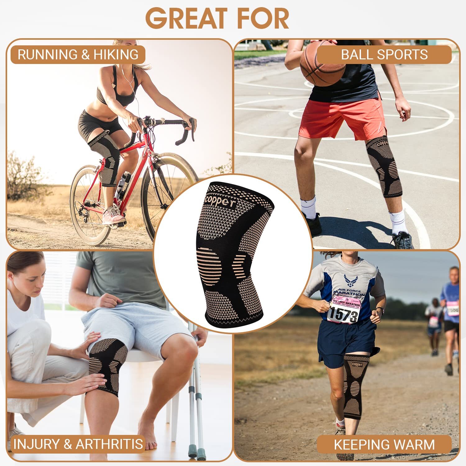 Copper Knee Brace Knee Support Compression Sleeve for Meniscus Tear Pain Relief