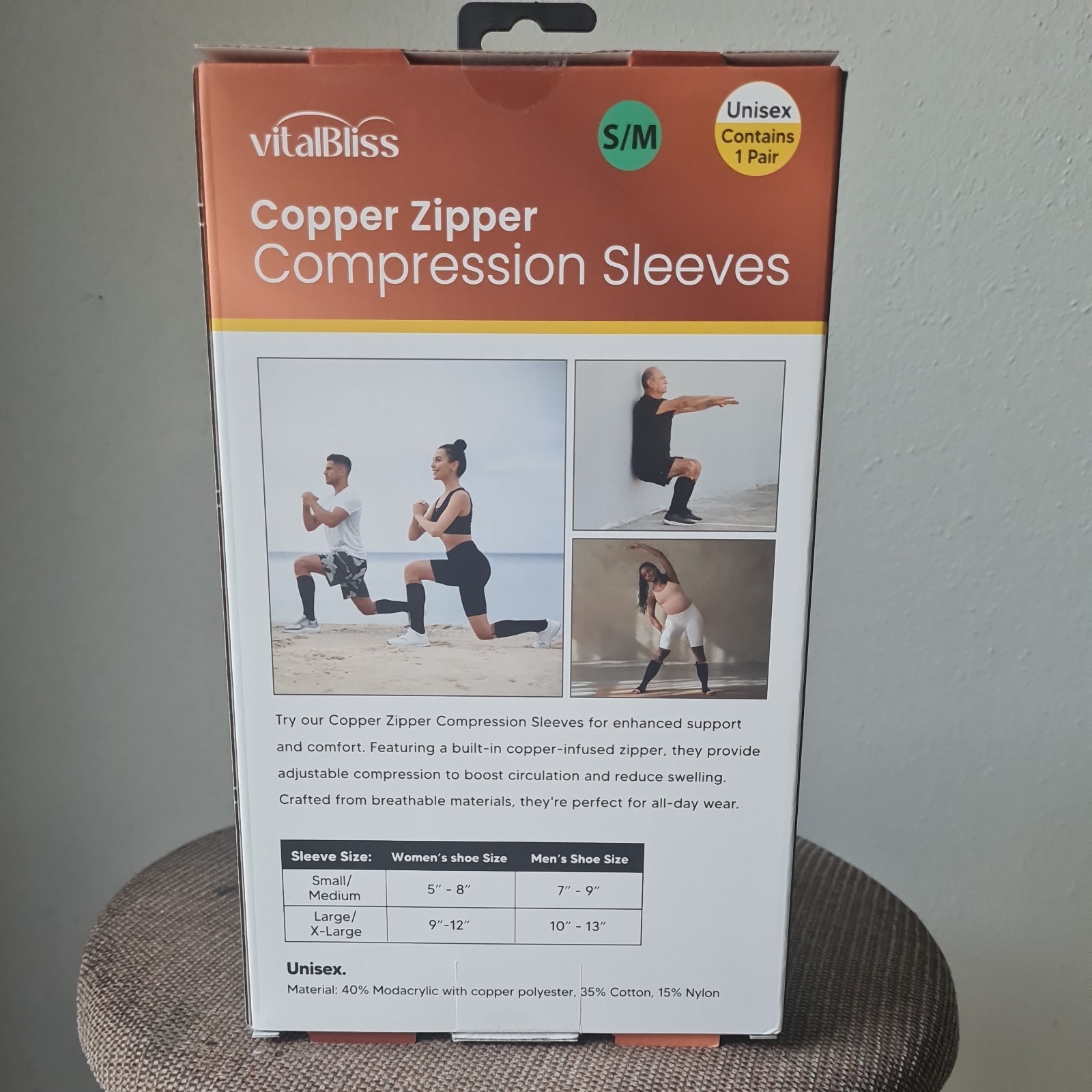 Copper Zipper Compression Sleeve Vitalbliss Foot & Leg Support Size S/M 1 Pair