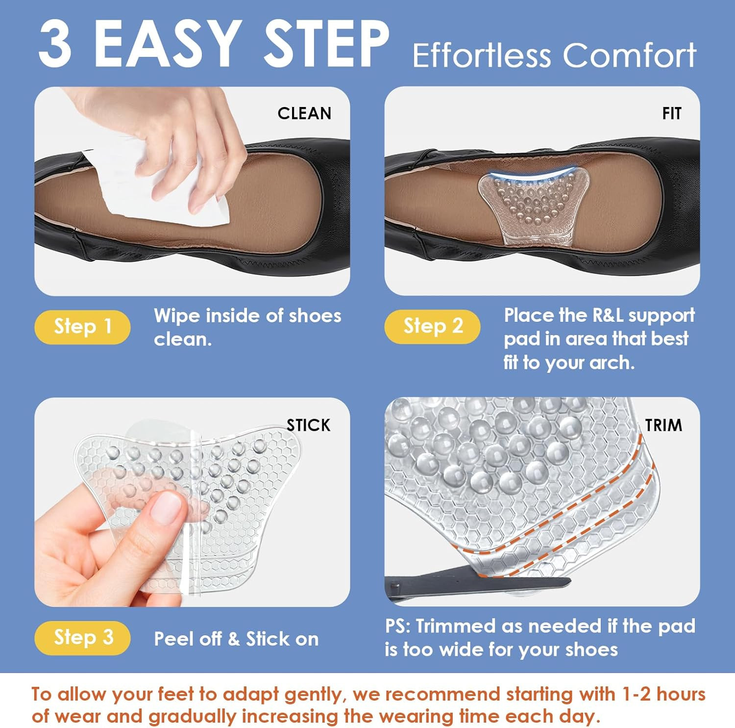 Arch Support Inserts Women, Customizable 3-Height System for Plantar Fasciitis,