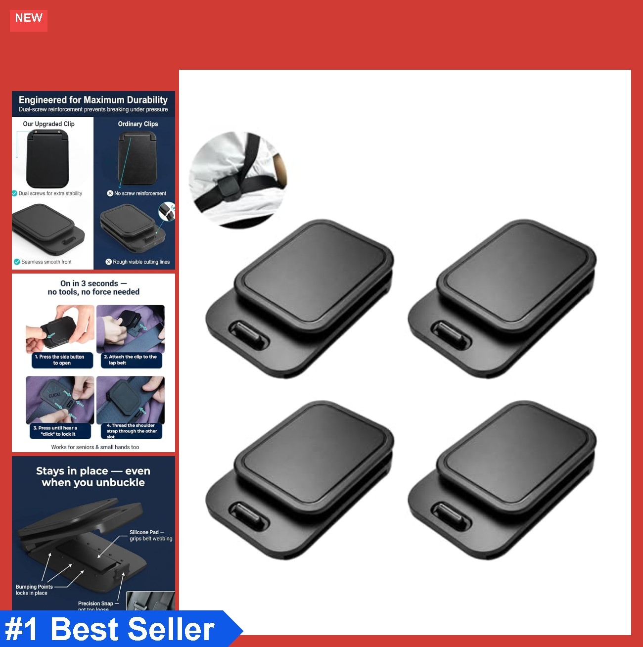 Seat Belt Comfort Clip 4 Pack Anti Slip Shoulder Positioner Universal Fit Car