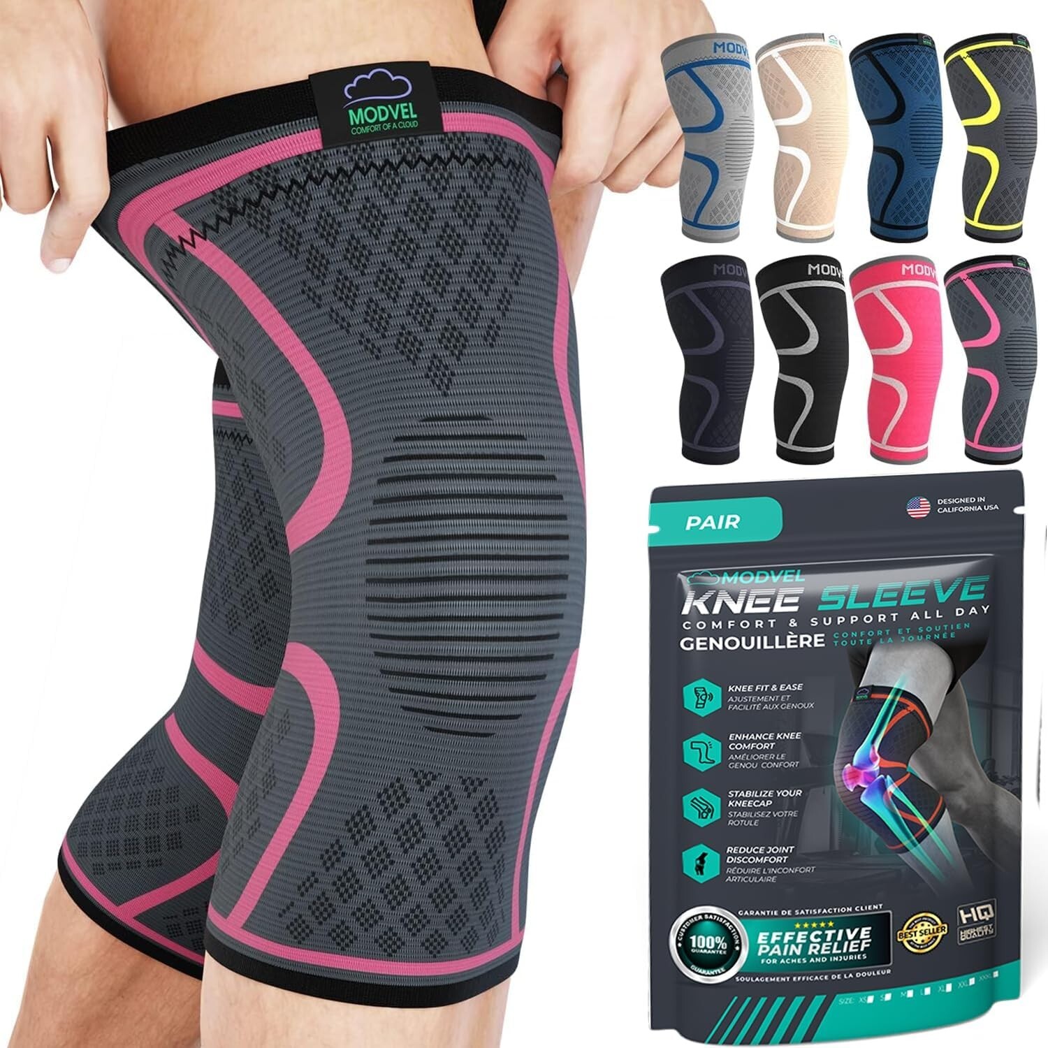 KNEE BRACE 2 Pack Modvel Workout Compression Sleeve, Unisex Medium, choose color