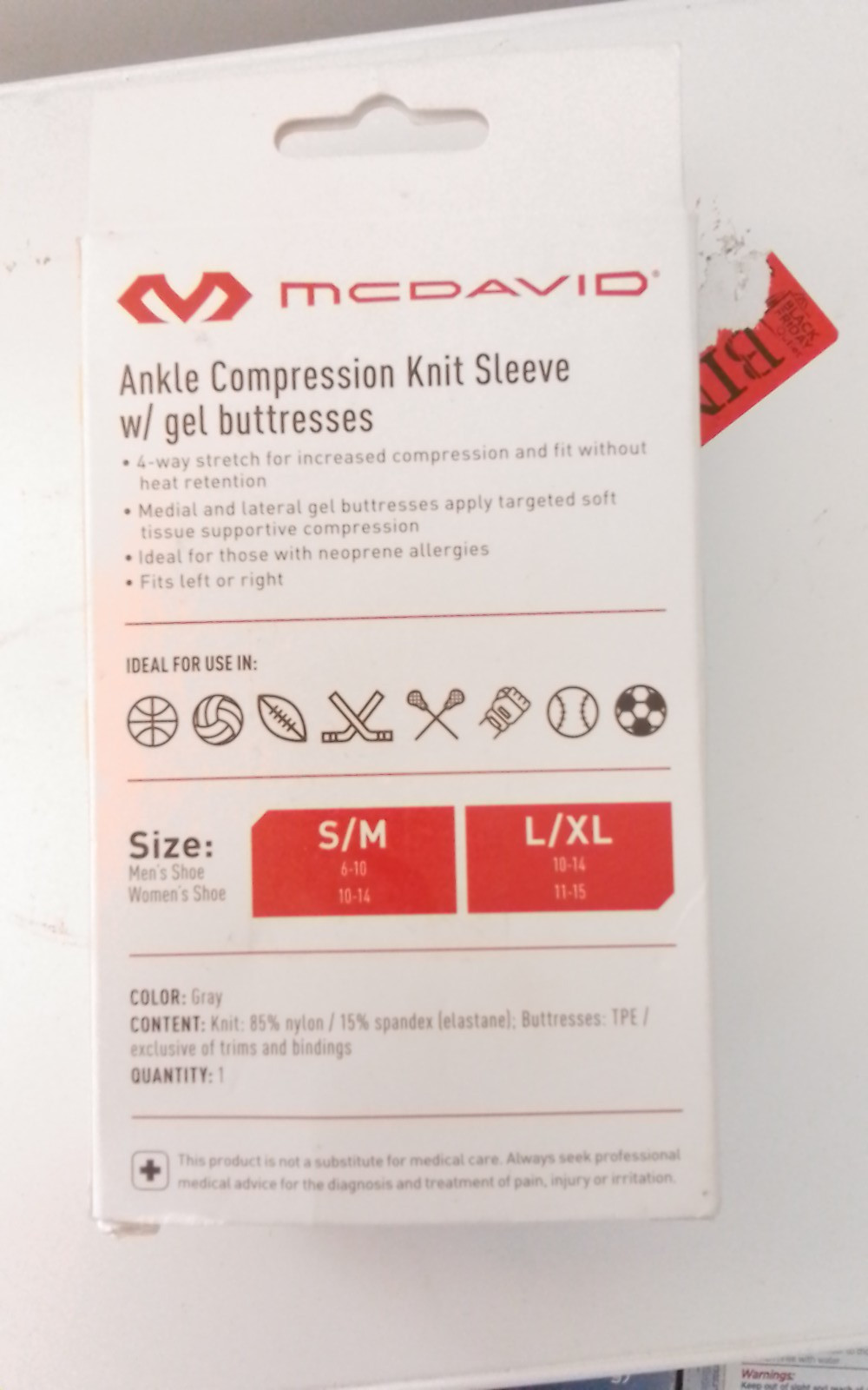 McDavid Sport Ankle Compression Knit Sleeve w/Gel Support Pads S/M Gray