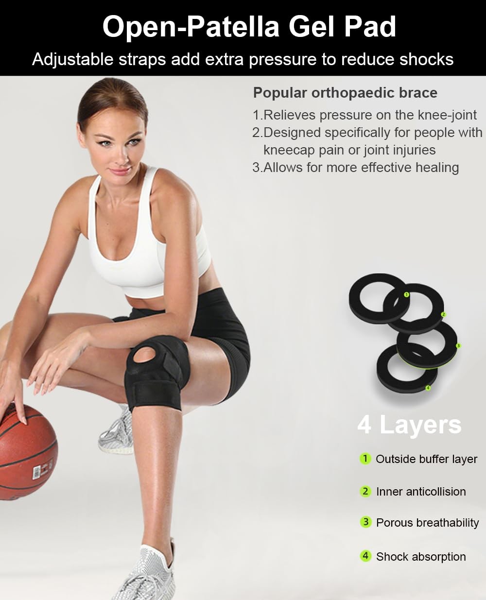 Silicone Patellar Tendon Support Strap 2 Pack, Adjustable Patella Bands for Knee