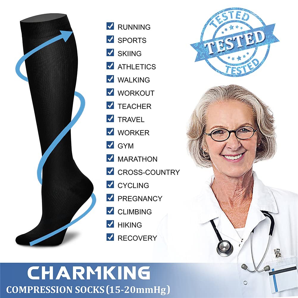 CHARMKING Compression Socks 3 Pairs 15~20 mmHg for Running Travel L/XL