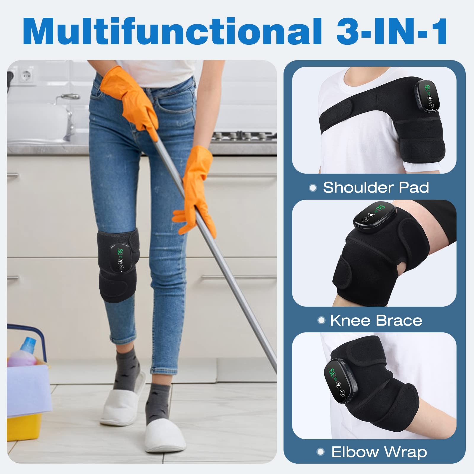 Cordless Knee Massager Shoulder Brace with Heat, 3-In-1 Heated Knee Elbow Should