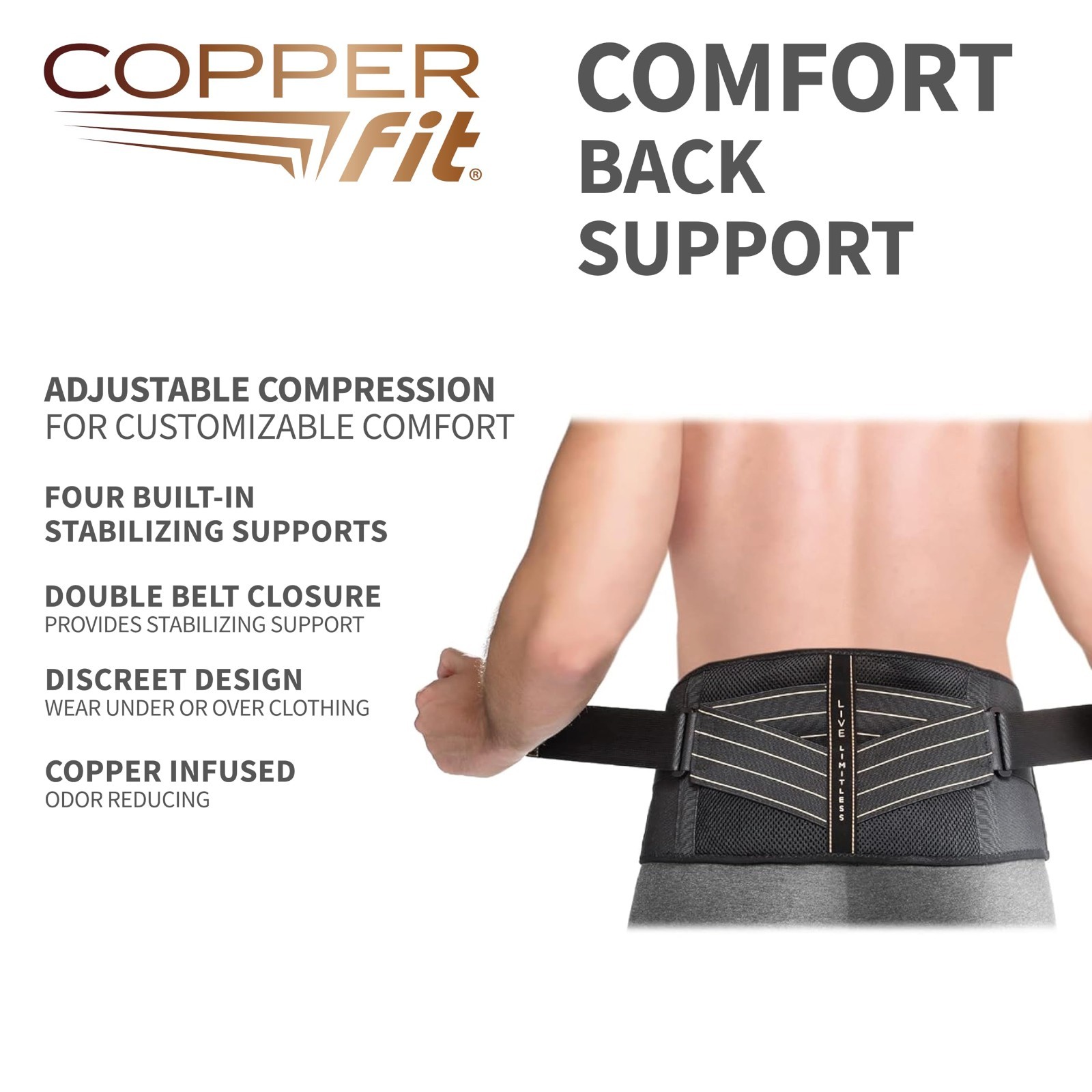 Pro Back Support Brace, Adjustable Unisex Waist 39”-50”, Copper Infused, Large/X