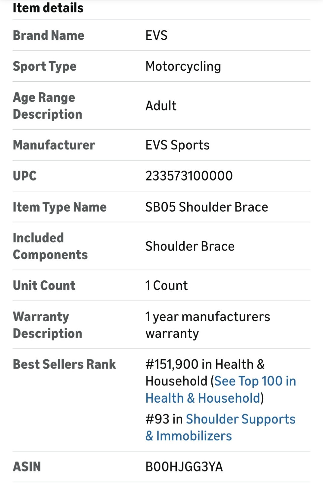 EVS Shoulder Brace(XL)