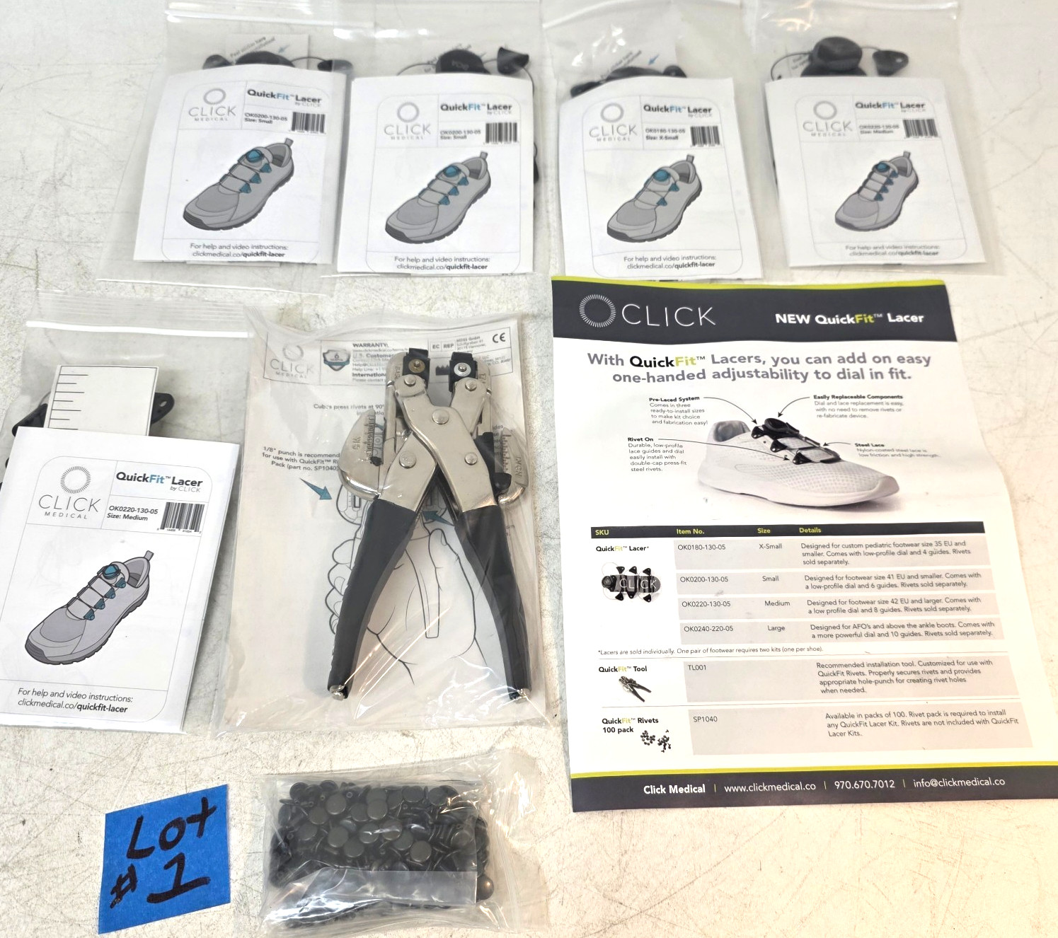 Click Medical QuickFit Lacer Tool TL-001 w Rivets, Laces Set One Hand Shoe Tie