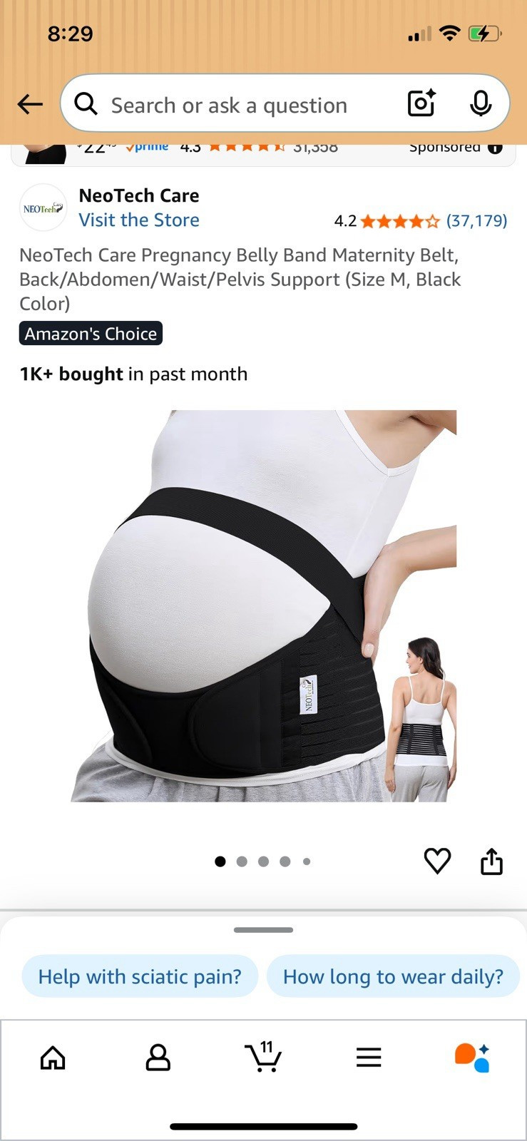 NeoTech Care Adjustable Pregnancy Belly Band Maternity Belt Support Size M Black