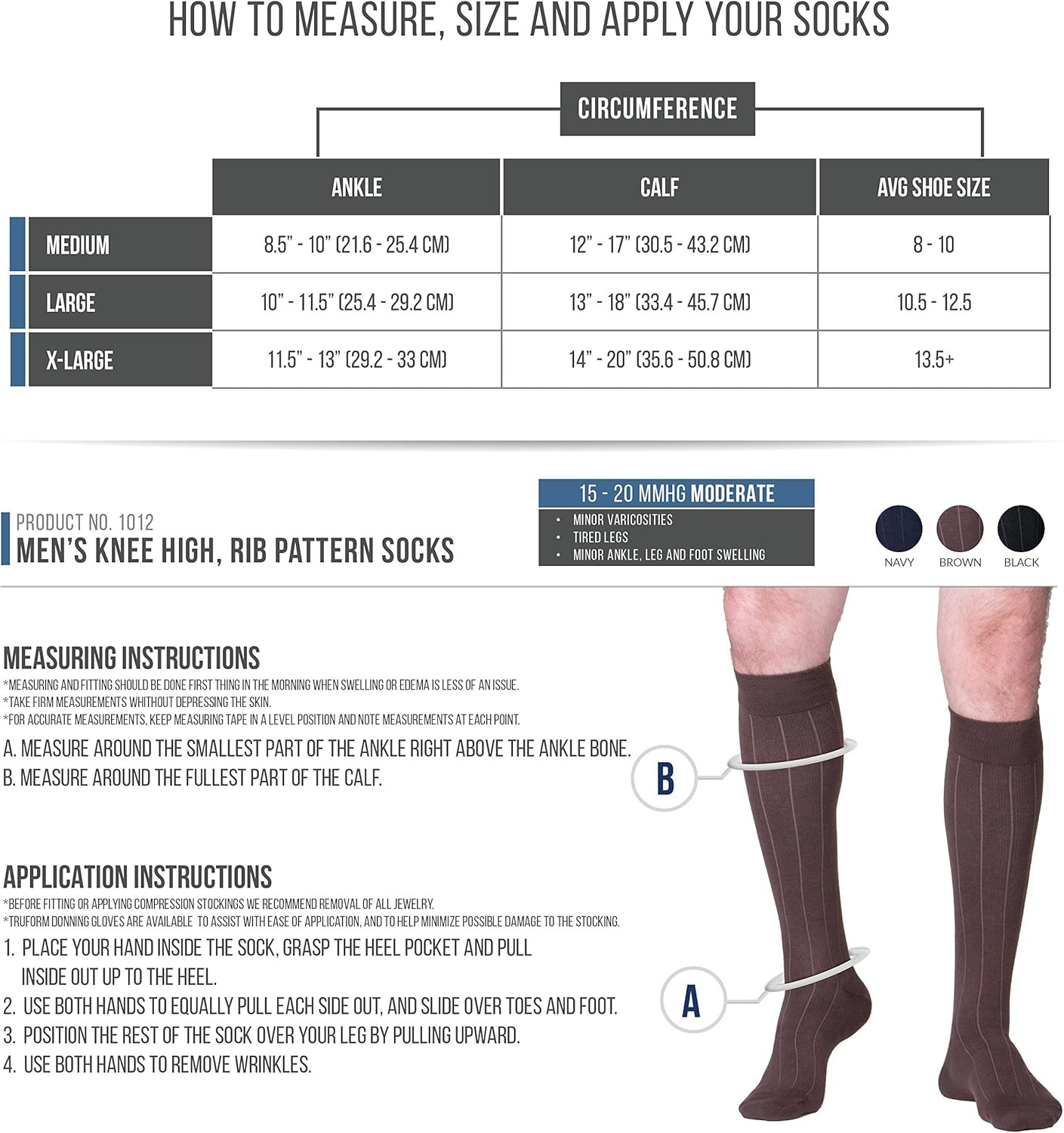 TOUCH Compression Socks for Men, 15-20 mmHg, Ribbed, Cotton, Brown, Large