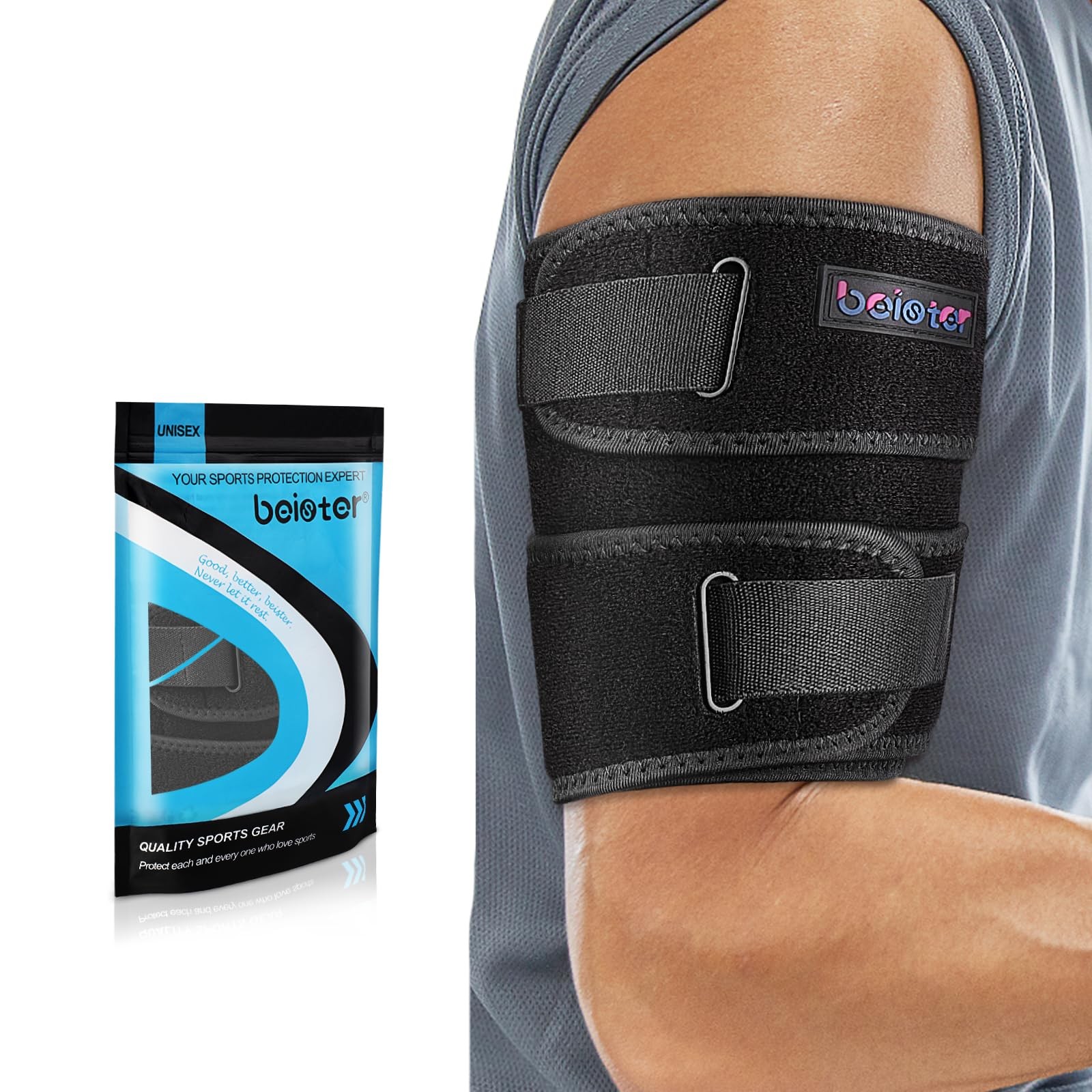 beister Compression Upper Arm Brace (Single), Biceps Tendonitis Medium, Black