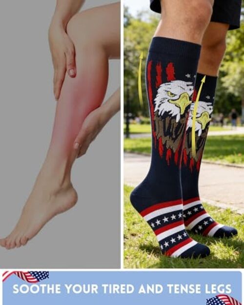 2 Pairs 4th of July Knee High Socks for Women Men, Funny Eagle American Flag