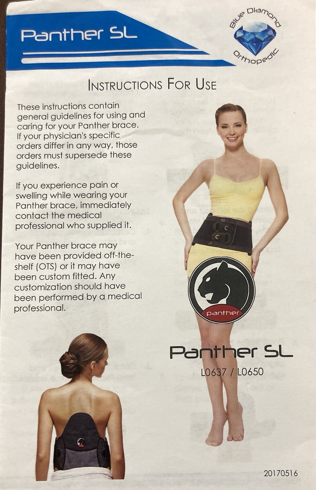 Blue Diamond Orthopedic Panther SL Back Brace Adjustable Universal Black L0637