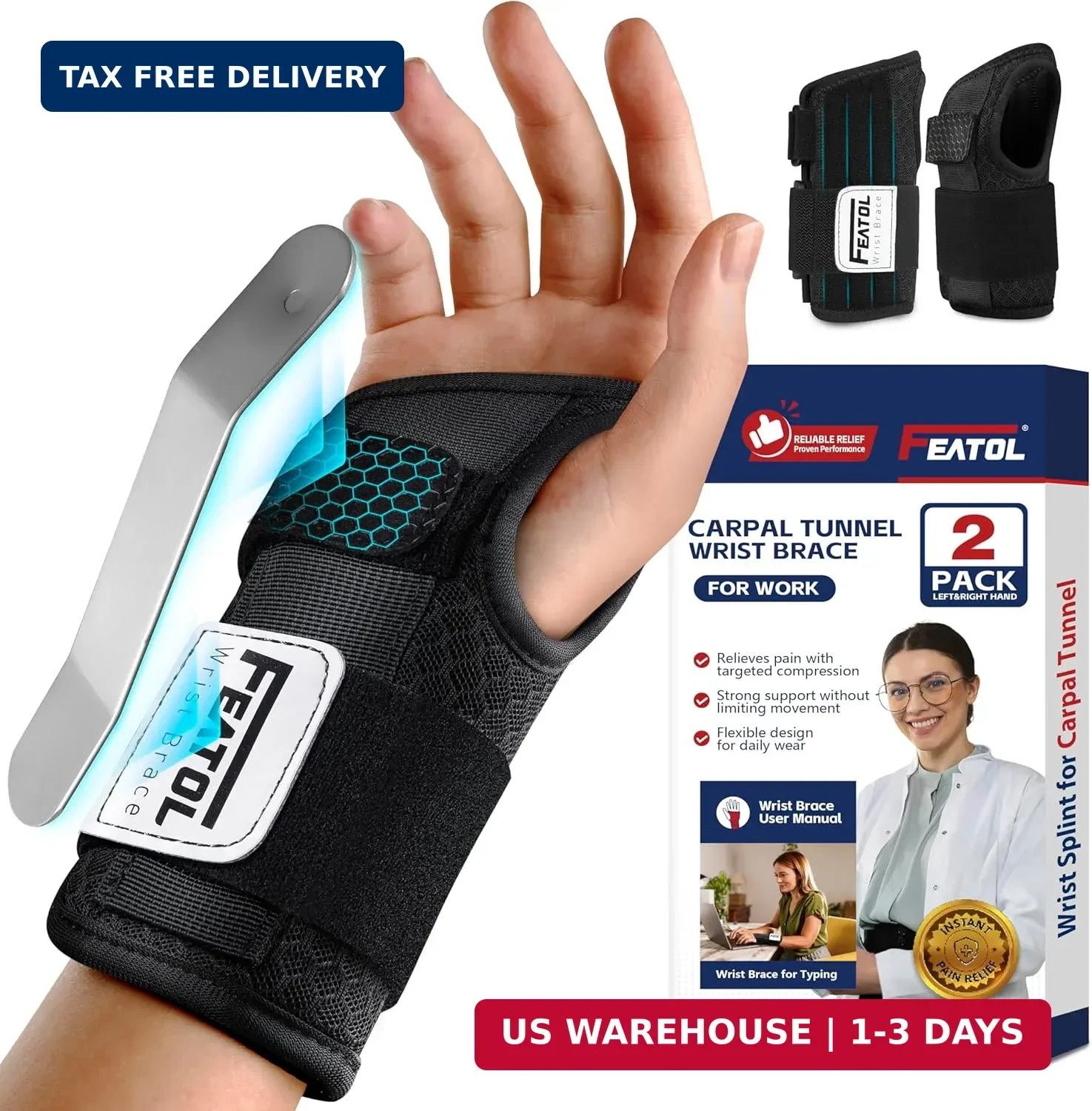 FEATOL 2 Pack Carpal Tunnel Wrist Brace For Work With Wrist Splint, 6.5” Wrist