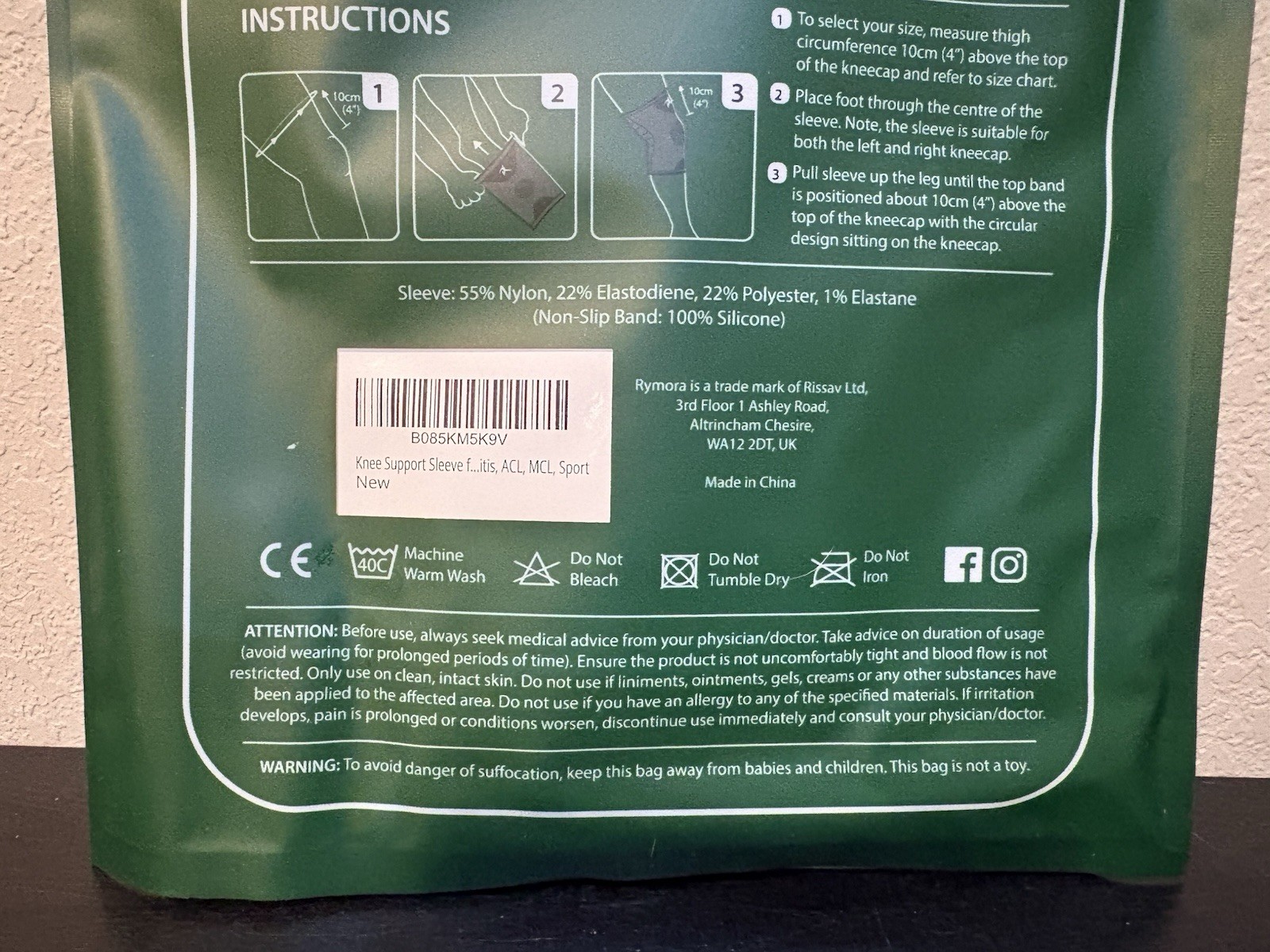 Knee Compression Support Sleeve Size Large Rymora Brand New Non-Slip Grip Band