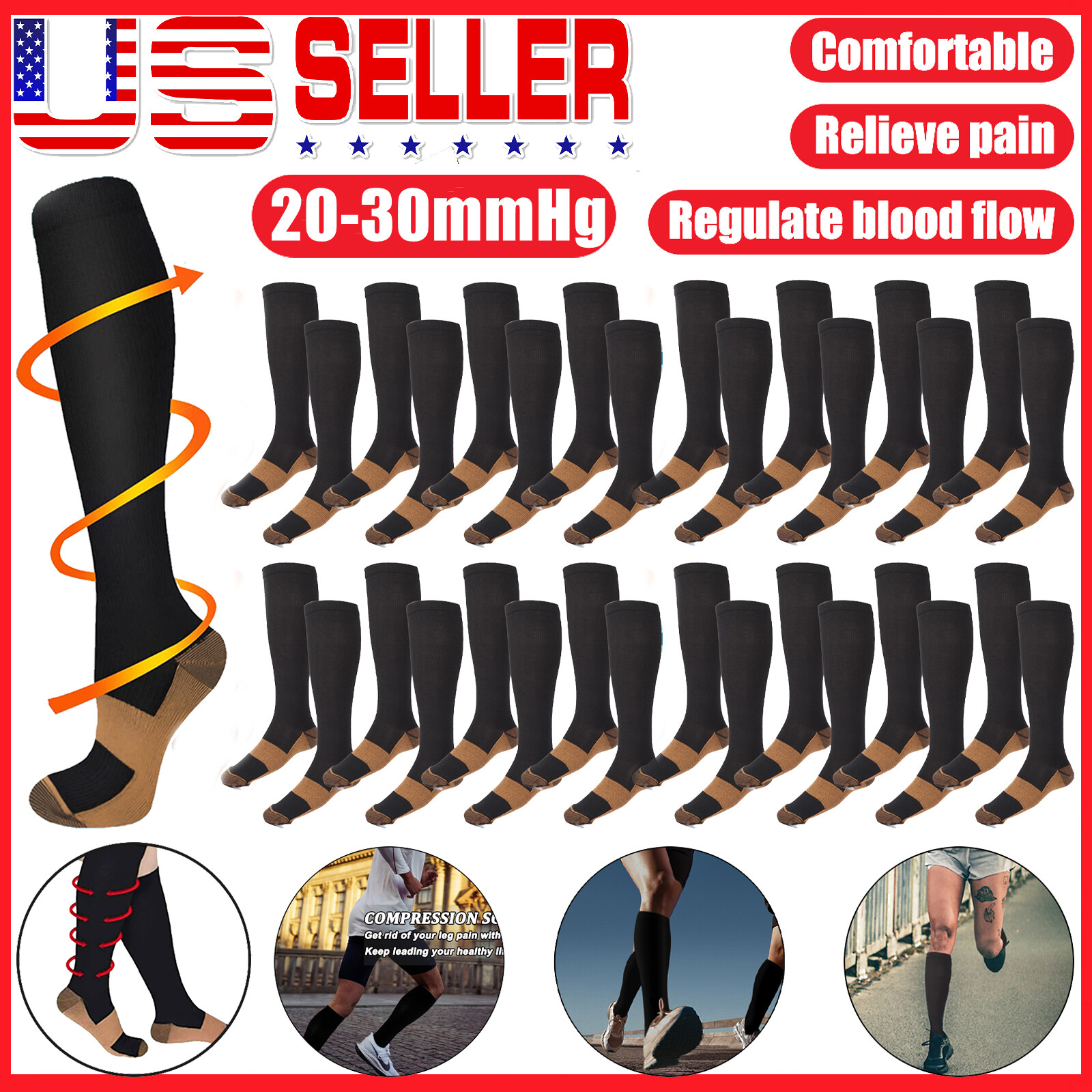 Wholesale Copper Compression Socks 20-30mmHg Graduated Support Mens Womens S-XXL